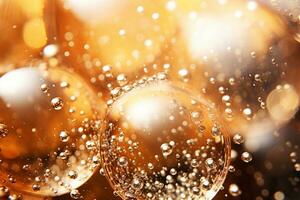 AI generated Macro shot of sparkling champagne bubbles. Texture, background, pattern photo