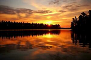 ai generado puesta de sol reflexión en un calma lago superficie. textura, fondo, modelo foto