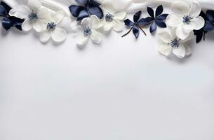 AI generated Mockup image close up white flowers and navy silk on white background. Banner, card, invitation and branding design concept photo