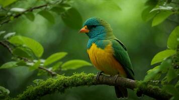 AI generated Paint a vivid picture of a rare and elusive species of bird that adds an extra layer of enchantment to the absolute green tree nature background, describing its unique photo