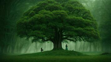 AI generated Invent a mythical backstory for the green tree, incorporating elements of folklore and fantasy to explain its extraordinary qualities and significance in the natural world. photo