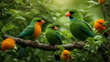 ai generado explorar el intrincado simbiótico relación Entre el absoluto verde árbol naturaleza antecedentes y el vistoso aves ese habitar él. foto