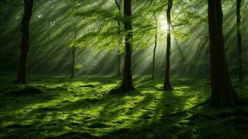 AI generated Describe the intricate interplay of sunlight filtering through the dense canopy of an absolute green tree nature background, casting dappled shadows on the forest floor, where photo