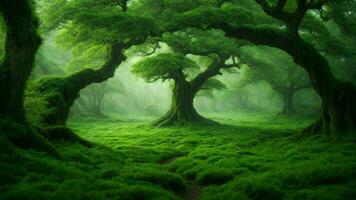 AI generated Develop a fictional ecosystem within this absolute green tree nature background, incorporating mythical or fantastical elements that challenge conventional understanding. photo