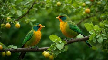 AI generated Examine the impact of climate change on the absolute green tree nature background and its cascading effects on the behavior, reproduction, and survival of the colorful birds. photo