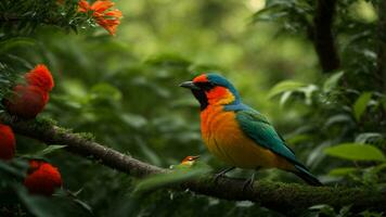 ai generado ilustrar el simbiótico relación Entre un específico especies de vistoso pájaro y un raro tipo de árbol en esta lozano verde ambiente. foto