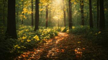 AI generated Illustrate the mesmerizing dance of sunlight filtering through the leaves, portraying the play of light and shadow on the forest floor. photo