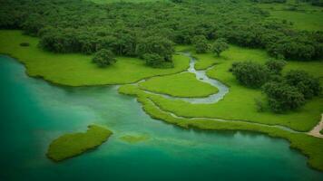 AI generated Create a detailed map or diagram of the absolute green tree nature background, labeling key features such as water sources, nesting sites, and migratory routes of the colorful birds, p photo