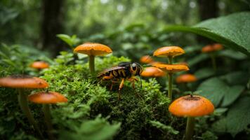 AI generated Detail the biodiversity thriving within the green tree nature background, exploring the various insect species, fungi, and microorganisms coexisting in this vibrant ecosystem. photo
