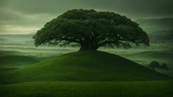 ai generado inventar un mítico Trasfondo para el verde árbol, incorporando elementos de folklore y fantasía a explique sus extraordinario cualidades y significado en el natural mundo. foto