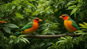 ai generado ilustrar el simbiótico relación Entre un específico especies de vistoso pájaro y un raro tipo de árbol en esta lozano verde ambiente. foto