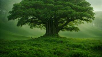 ai generado inventar un mítico Trasfondo para el verde árbol, incorporando elementos de folklore y fantasía a explique sus extraordinario cualidades y significado en el natural mundo. foto