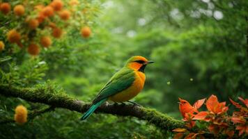 AI generated Examine the impact of climate change on the absolute green tree nature background and its cascading effects on the behavior, reproduction, and survival of the colorful birds. photo