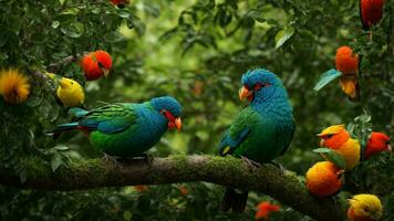 ai generado investigar el único adaptaciones de el vistoso aves habitando el absoluto verde árbol, explorador su plumaje, alimentación hábitos, y distintivo vocalizaciones. foto