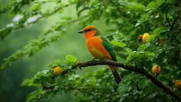 AI generated Examine the impact of climate change on the absolute green tree nature background and its cascading effects on the behavior, reproduction, and survival of the colorful birds. photo