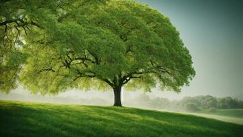 AI generated Delve into the seasonal changes that affect the absolute green tree, elucidating the nuances of its appearance during spring, summer, autumn, and winter. photo