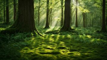 AI generated Describe the intricate interplay of sunlight filtering through the dense canopy of an absolute green tree nature background, casting dappled shadows on the forest floor, where photo