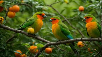 AI generated Examine the impact of climate change on the absolute green tree nature background and its cascading effects on the behavior, reproduction, and survival of the colorful birds. photo