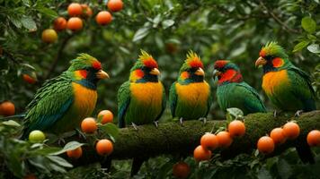 ai generado investigar el único adaptaciones de el vistoso aves habitando el absoluto verde árbol, explorador su plumaje, alimentación hábitos, y distintivo vocalizaciones. foto