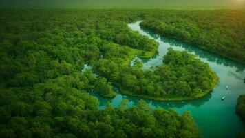 ai generado crear un detallado mapa de el absoluto verde árbol naturaleza fondo, destacando llave características, biodiversidad Puntos calientes, y el migratorio rutas de el vistoso aves. foto