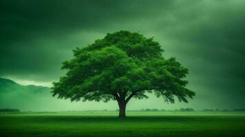 AI generated Describe a day of extreme weather in this absolute green tree nature background, exploring how the ecosystem copes with challenges such as storms, floods, or droughts. photo