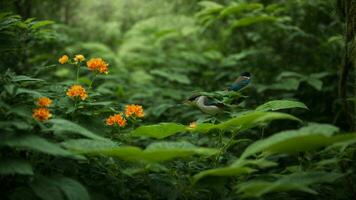 ai generado explorar el simbiótico relación Entre el varios especies de flora y fauna dentro el absoluto verde árbol naturaleza fondo, enfatizando el delicado equilibrar ese sostiene foto