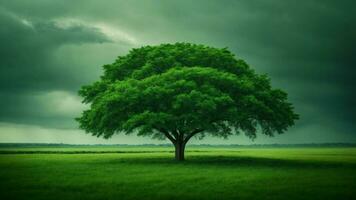 AI generated Describe a day of extreme weather in this absolute green tree nature background, exploring how the ecosystem copes with challenges such as storms, floods, or droughts. photo