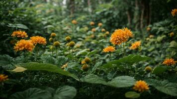AI generated Elaborate on the specific species of flora that make up the background, highlighting their unique characteristics and contributions to the overall verdant tapestry photo