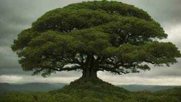 ai generado arte un narrativa acerca de el simbiótico relaciones Entre el árbol y sus rodeando ambiente, enfatizando el papel de cada elemento en mantener ecológico balance. foto