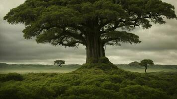 ai generado arte un narrativa acerca de el simbiótico relaciones Entre el árbol y sus rodeando ambiente, enfatizando el papel de cada elemento en mantener ecológico balance. foto