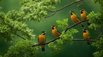 AI generated Examine the impact of climate change on the absolute green tree nature background and its cascading effects on the behavior, reproduction, and survival of the colorful birds. photo