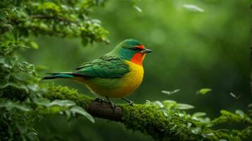 AI generated Examine the impact of climate change on the absolute green tree nature background and its cascading effects on the behavior, reproduction, and survival of the colorful birds. photo