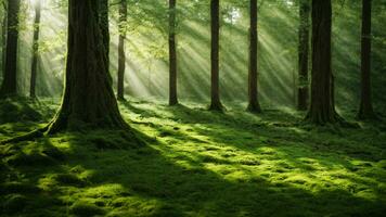 AI generated Describe the intricate interplay of sunlight filtering through the dense canopy of an absolute green tree nature background, casting dappled shadows on the forest floor, where photo