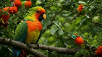 AI generated Investigate the unique adaptations of the colorful birds inhabiting the absolute green tree, exploring their plumage, feeding habits, and distinctive vocalizations. photo