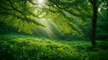 AI generated Describe the intricate patterns of sunlight filtering through the dense foliage of the absolute green tree nature background, highlighting the vibrant ecosystem below. photo