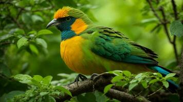 AI generated Paint a vivid picture of a rare and elusive species of bird that adds an extra layer of enchantment to the absolute green tree nature background, describing its unique photo