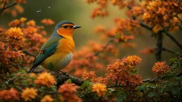AI generated Depict the seasonal changes in this vibrant landscape, focusing on the subtle transformations in the foliage and the migratory patterns of the birds. photo