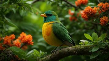 ai generado explorar el intrincado simbiótico relación Entre el absoluto verde árbol naturaleza antecedentes y el vistoso aves ese habitar él. foto