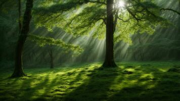 AI generated Describe the intricate interplay of sunlight filtering through the dense canopy of an absolute green tree nature background, casting dappled shadows on the forest floor, where photo