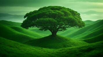 AI generated Develop a fictional ecosystem within this absolute green tree nature background, incorporating mythical or fantastical elements that challenge conventional understanding. photo