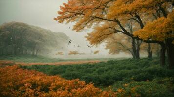AI generated Depict the seasonal changes in this vibrant landscape, focusing on the subtle transformations in the foliage and the migratory patterns of the birds. photo