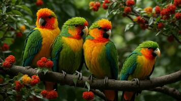 AI generated Investigate the unique adaptations of the colorful birds inhabiting the absolute green tree, exploring their plumage, feeding habits, and distinctive vocalizations. photo