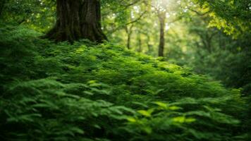 AI generated Describe the intricate patterns of sunlight filtering through the dense foliage of the absolute green tree nature background, highlighting the vibrant ecosystem below. photo