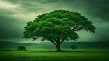 AI generated Describe a day of extreme weather in this absolute green tree nature background, exploring how the ecosystem copes with challenges such as storms, floods, or droughts. photo