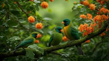 ai generado explorar el intrincado simbiótico relación Entre el absoluto verde árbol naturaleza antecedentes y el vistoso aves ese habitar él. foto