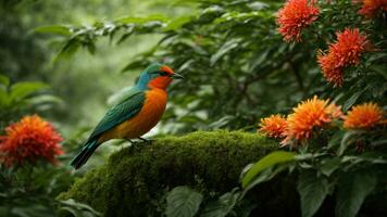 AI generated Illustrate the symbiotic relationship between a specific species of colorful bird and a rare type of tree in this lush green environment. photo