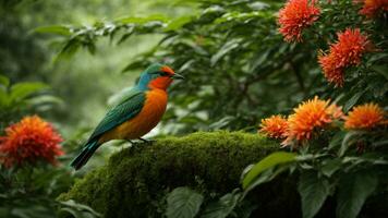 ai generado ilustrar el simbiótico relación Entre un específico especies de vistoso pájaro y un raro tipo de árbol en esta lozano verde ambiente. foto