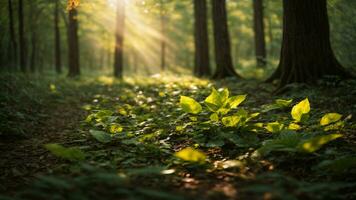 AI generated Illustrate the mesmerizing dance of sunlight filtering through the leaves, portraying the play of light and shadow on the forest floor. photo