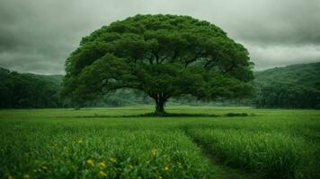 AI generated Develop a fictional ecosystem within this absolute green tree nature background, incorporating mythical or fantastical elements that challenge conventional understanding. photo