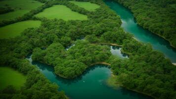 AI generated Create a detailed map of the absolute green tree nature background, highlighting key features, biodiversity hotspots, and the migratory routes of the colorful birds. photo